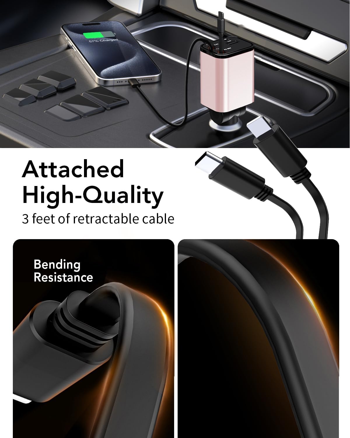 Retractable Car Charger,Car Phone Charger USB C Fast Charge,Cigarette Lighter USB Charger Car Accessories for Women,Road Trip Essentials Gift for Men,Car Charger for iPhone 17/16/15,Galaxy S26,Pixel