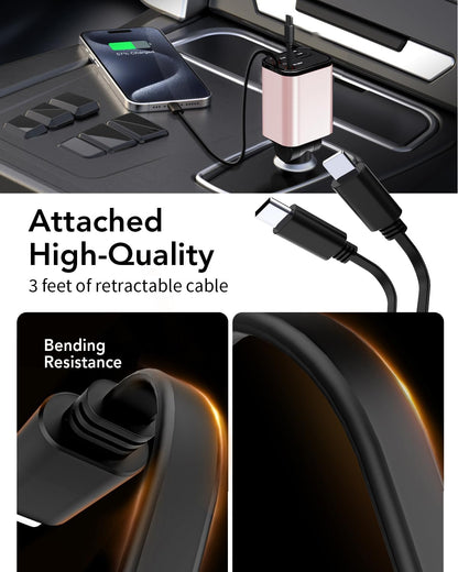 Retractable Car Charger,Car Phone Charger USB C Fast Charge,Cigarette Lighter USB Charger Car Accessories for Women,Road Trip Essentials Gift for Men,Car Charger for iPhone 17/16/15,Galaxy S26,Pixel