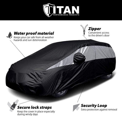 Titan Jet Black Poly 210T Car Cover for Sedans 186-202". Waterproof, UV Protection, Scratch Resistant, Driver-Side Zippered Opening. Fits Camry, Accord and More.