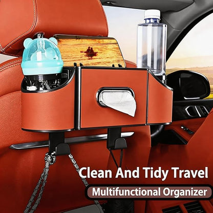 Back Seat Car Organizer,4 in 1 Multifunctional Car Back Seat Storage Box with Drink Cup Holder Tissue Box, for Hold Phone,Snacks, Drinks, Handbag-Black