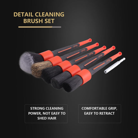 SPTA Car Detailing Brush Set, 5 Pack Soft Boar Hair Auto Detail Brush Kit with Elbow for Automotive Elegant Surface Interior Exterior Dashboard Emblems Panels Engine Bay Wheels Air Vent Seat Leather