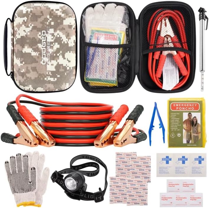 Car Roadside Emergency Kit with Battery Jumper Cables,Car Accessories for Men or Women,Automotive Safety Kit for Car,Vehicle, Truck or SUV,Gifts for Men or Him,Green