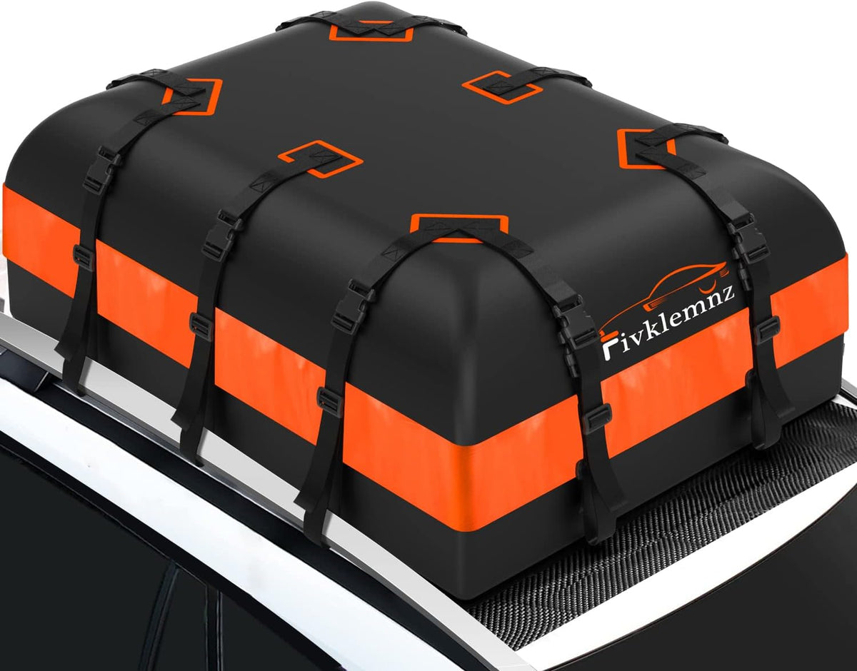 FIVKLEMNZ Car Rooftop Cargo Carrier Roof Bag Waterproof for All Top of Vehicle with/Without Rack Includes Topper Anti-Slip Mat + Reinforced Straps + 6 Door Hooks + Luggage Lock