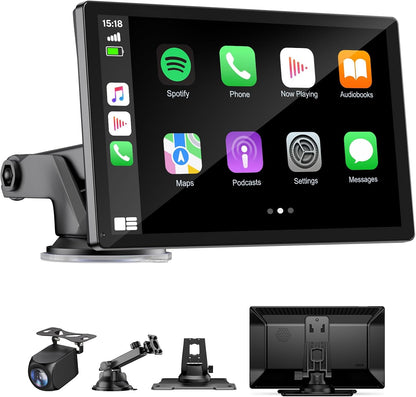 9" Wireless Apple Carplay Screen for Car, Portable Touchscreen Apple Carplay & Android Auto with OTA Update, Backup Camera,FM, Voice Control/GPS Navigation/Mirror Link/BT
