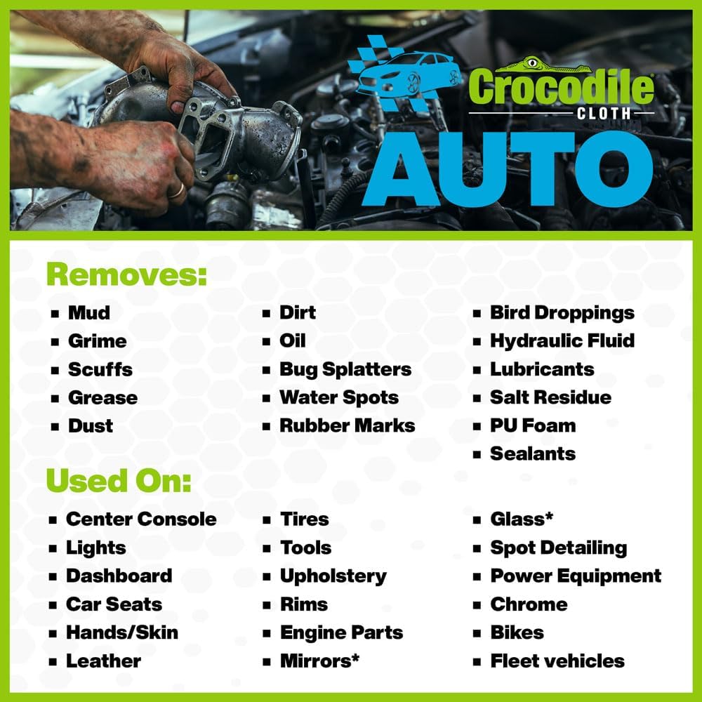Crocodile Cloth Auto Cleaning Wipes – 100 XL (15" x 10") Disposable Wipes for Car Engine Degreasing, Body Detailing & Tire Cleaning – Cuts Grease, Oil, Adhesives on Hands, Tools, Parts & More