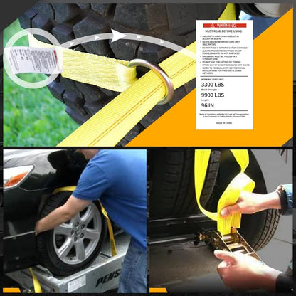 Heavy Duty Car Tie Down Straps (4PK) - 2" x 96" - 3,300 lbs Safe Working Load - Wheel Straps Comes with 5/16" Tow Hooks (Green)