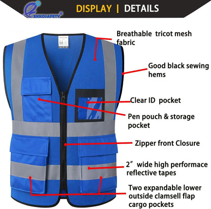Reflective Mesh Safety Vest for Men Women with 5 Pockets and Zipper Front High Visibility Mesh Vest Hi Vis Construction Work Vest,Meets ANSI/ISEA Standards(EK175-Yellow-L)
