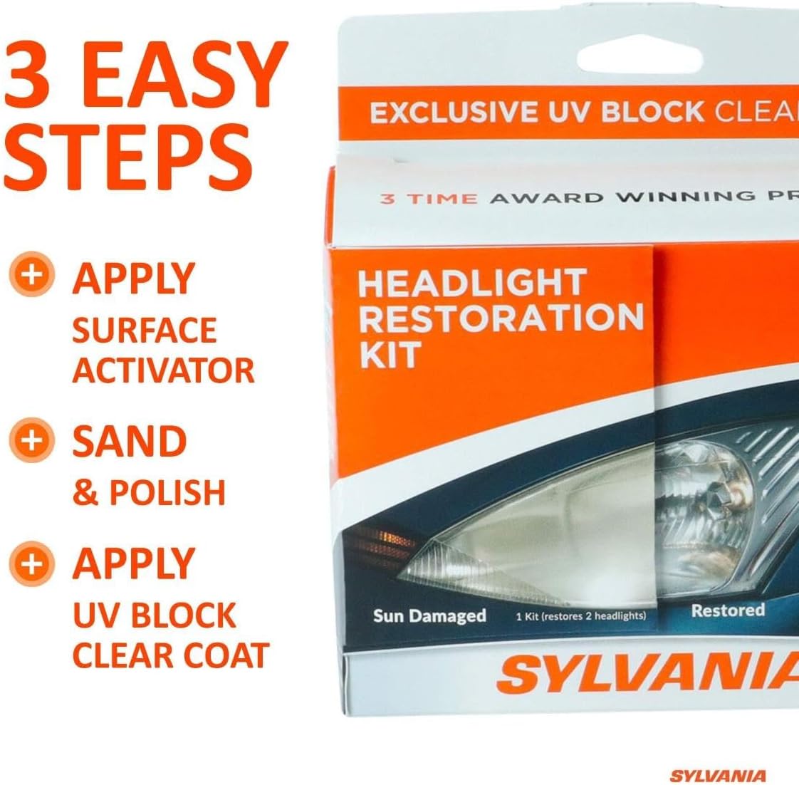 SYLVANIA Headlight Restoration Kit - Long-Lasting Headlight Repair Kit for Restoring to Like-New Condition - Surface Activator, Exclusive UV Coating, Clarifying Compound & More - No Tools Required
