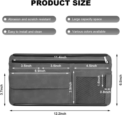 Car Sun Visor Organizer, Leather Sun Visor Pocket Organizer Case with Multi-Pocket Net Zipper, Suede Note Holder Car Visor Storage Pouch for Card Pen Sunglasses Document (Gray)