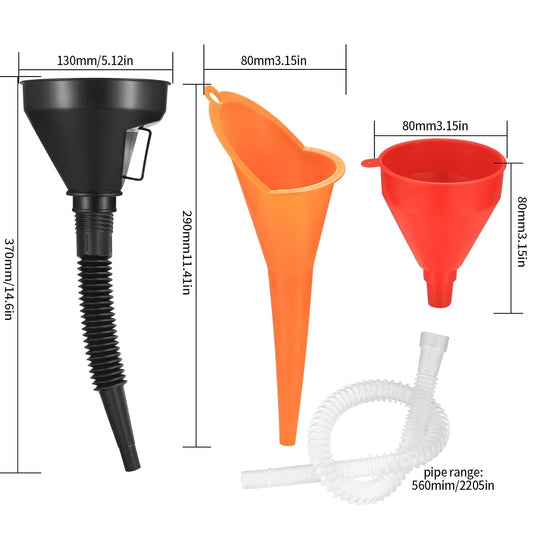 3 Pcs Automotive Funnels Set, Wide Mouth Fuel Funnels, Plastic Long Neck Oil Funnel, Flexible Right Angle Funnels, with Detachable Spout and Filter for Water/Gasoline/Coolant/Engine Oil