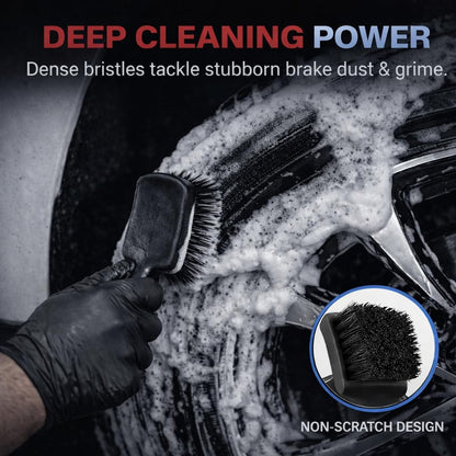 8PCS All-in-One Wheel & Tire Cleaning Kit - 360° Flexible Synthetic Wool Rim Brush, 2 Dual-Hardness Brushes, Dressing Pads & Storage Bag | Scratch-Free for All Vehicles