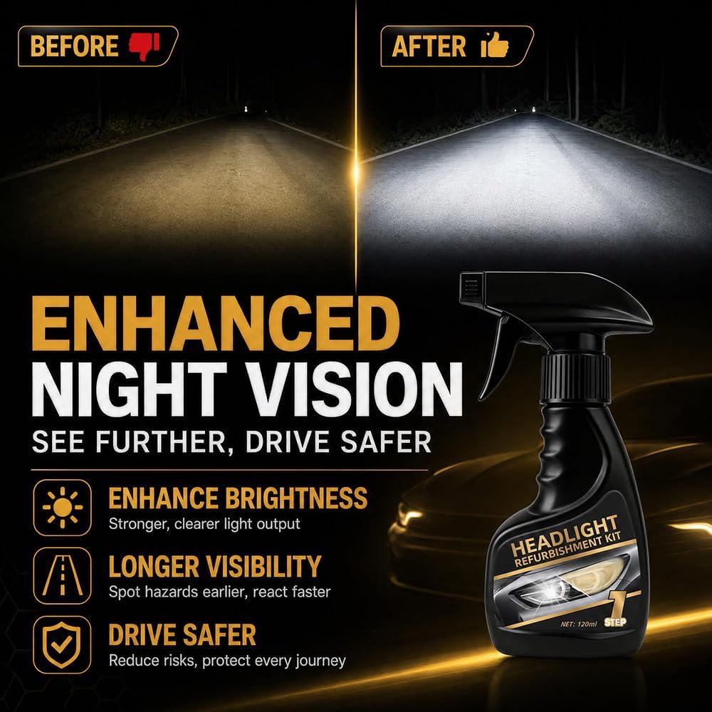 Headlight Restoration Kit, Headlight Cleaner & Sealant - Pro Grade 10X Brighter Removes Yellow Haze & Cloudiness, Restore Headlights for Crystal Clear Lenses, Car Accessory for Night Driving Safety