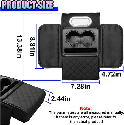 Leather Car Center Console Cover, Universal Automotive Armrest Booster Cushion, Vehicle Middle Console Organizer with 2 Cup Holders, Side Storage Bag, Tissue Box & Phone Slot(Black)