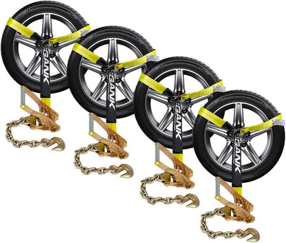 Heavy Duty Car Tie Down Straps (4PK) - 2" x 96" - 3,300 lbs Safe Working Load - Wheel Straps Comes with 5/16" Tow Hooks (Green)