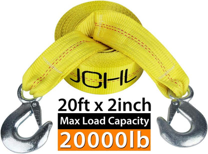 Tow Strap with Hooks 2in X20Ft Recovery Strap 10,000LB Break Strengthened Towing Rope for Towing Vehicles in Roadside Emergency