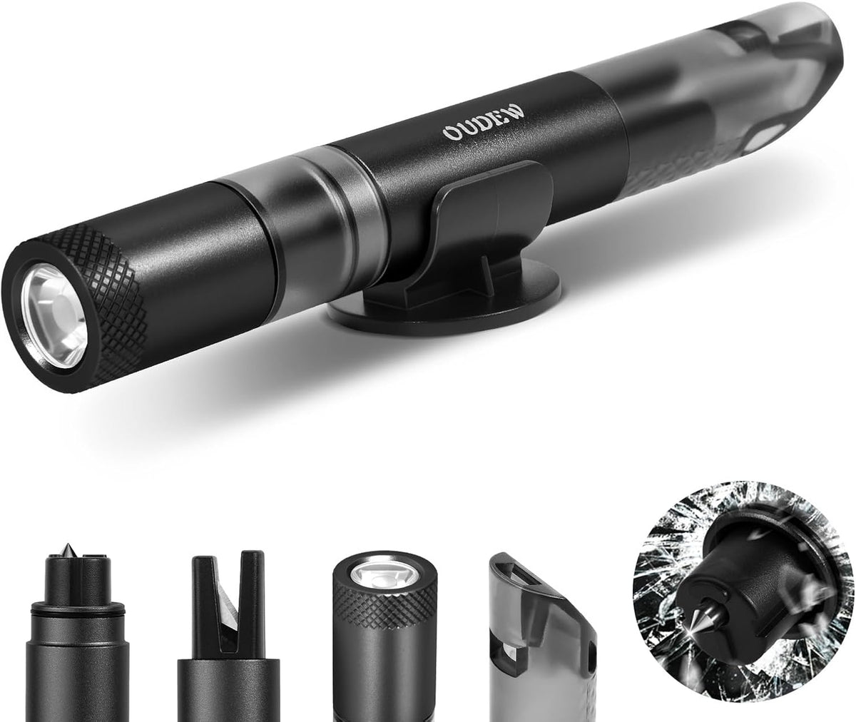 4-in-1 Car Window Breaker Seatbelt Cutter with Survival Whistle & LED Flashlight, Spring-Loaded Glass Breaker for Underwater, Portable Automotive Emergency Escape Tool, Black