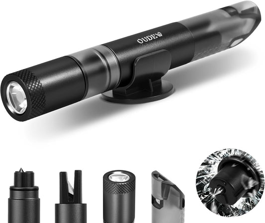 4-in-1 Car Window Breaker Seatbelt Cutter with Survival Whistle & LED Flashlight, Spring-Loaded Glass Breaker for Underwater, Portable Automotive Emergency Escape Tool, Black