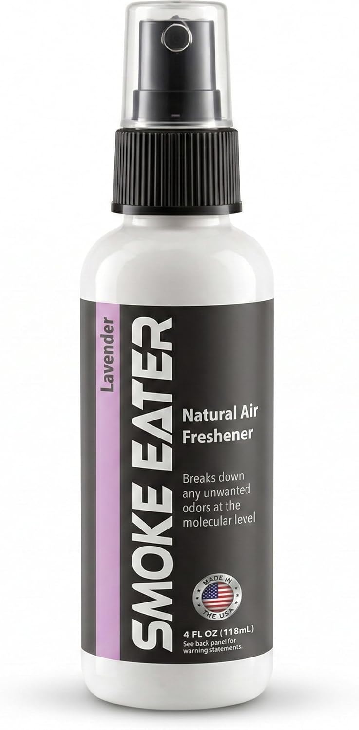 Smoke Eater Cigarette, Cigar, Cannabis & Tobacco Odor Eliminator Spray & Air Freshener for Car, Home, Clothes — Lavender, 4 oz Travel Size — Tea Tree Oil Formula, Non-Aerosol Pump Spray