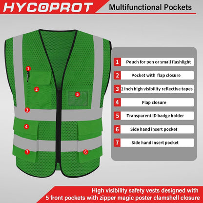 HYCOPROT High Visibility Mesh Safety Reflective Vest with Pockets and Zipper, Meets ANSI/ISEA Standards