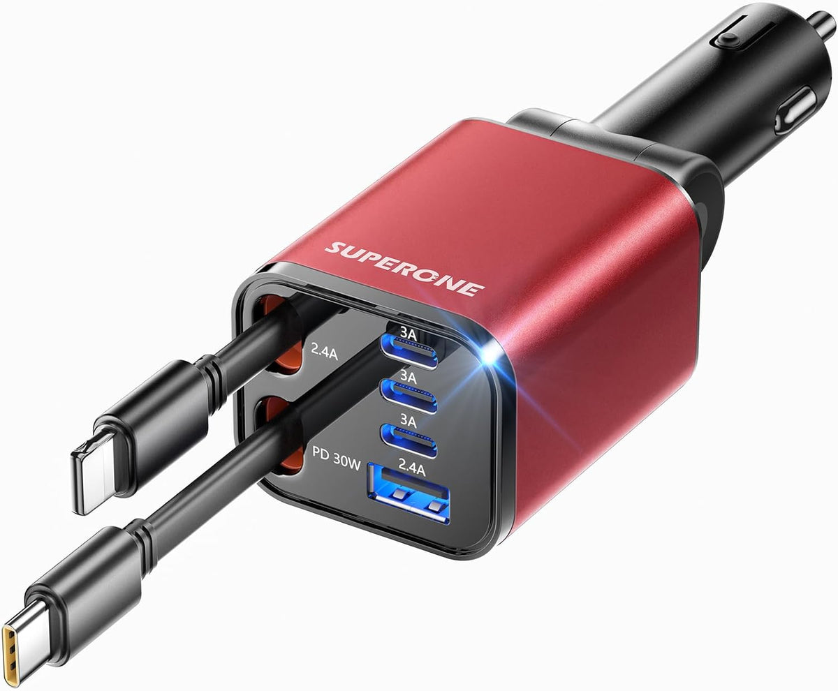 Retractable Car Charger, SUPERONE 99W Car Phone Charger with Cables Fast Charging, USB C Car Charger Adapter for iPhone 17 16 15 14 13 12, Samsung, Black