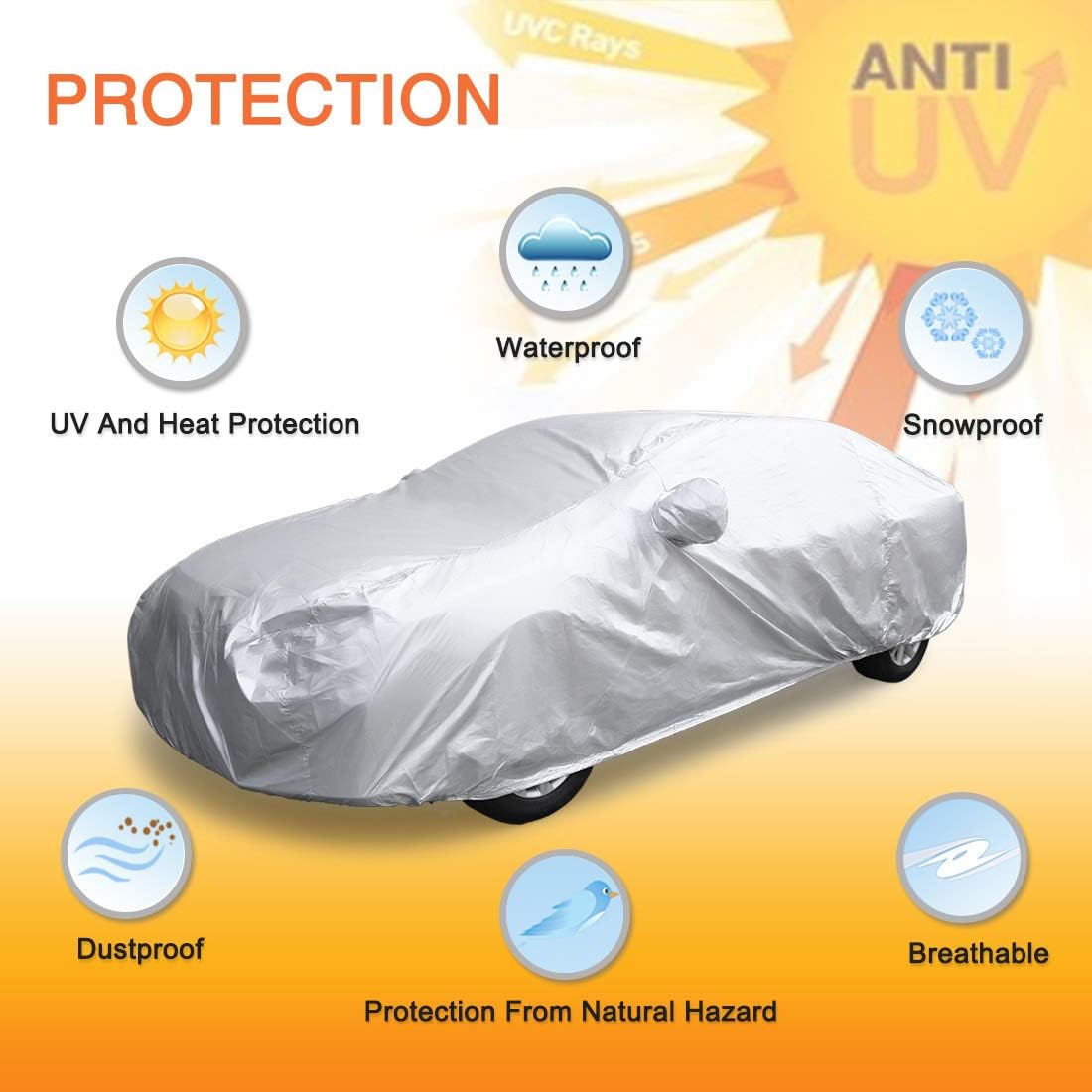 uxcell 3XXL Silver Tone 190T Car Cover Outdoor Weather Waterproof Scratch Rain Snow Heat Resistant W Mirror Pocket 530 x 185 x 160cm