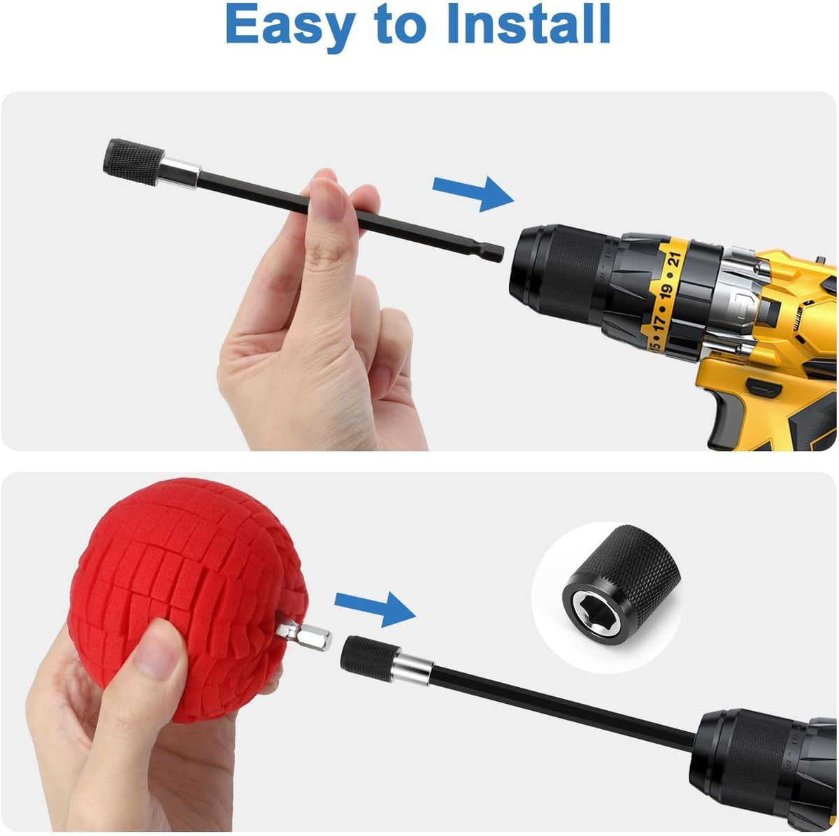 Linkstyle 5PCS Drill Polishing Ball Set, Car Wheel Polisher Sponge Pad Kit with Long Extension Pole & Cleaning Brush, Buffing Ball for 1/4" Hex Drill, Car Rim and Metal Surface Polishing Tool