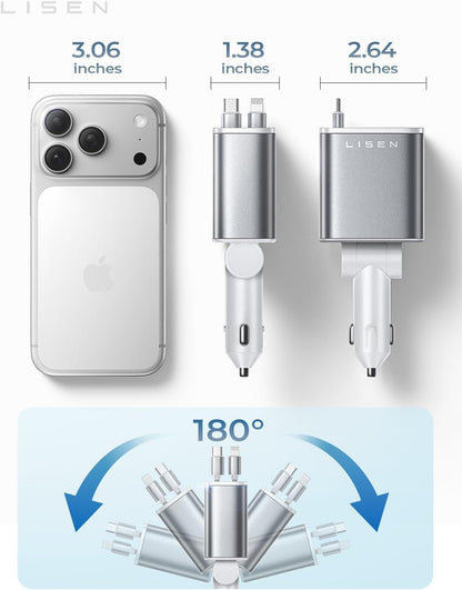 LISEN Retractable Car Charger, 84W Car Charger USB C Fast Charger, Cigarette Lighter USB Charger Adapter, Car Accessories Birthday Gifts for Men Women Dad Mom Husband, for iPhone 17 16 15 14 13 12 11