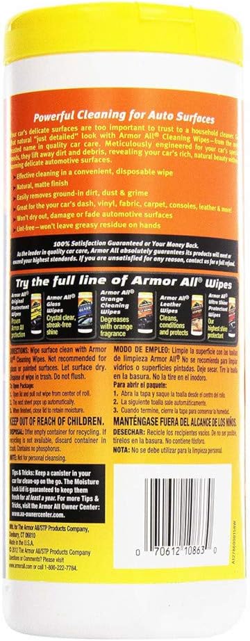 Armor All Interior Car Cleaning Wipes, 25 Count Canister, Powerful Cleaning for Dashboards, Vinyl, Clear Plastics, Carpet and Fabric