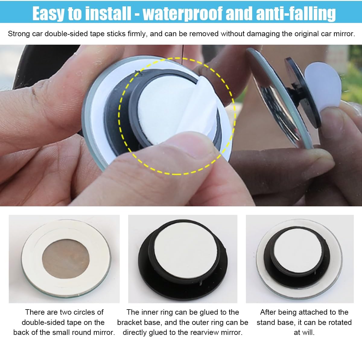 GLSOWEE Car Blind Spot Mirror, 2"" Round Convex Mirror, Frameless HD Glass Rear View Mirror with Wide Angle Adjustable Stick, Universal Vehicle Exterior Accessories for Car SUV Truck (2 PCS)