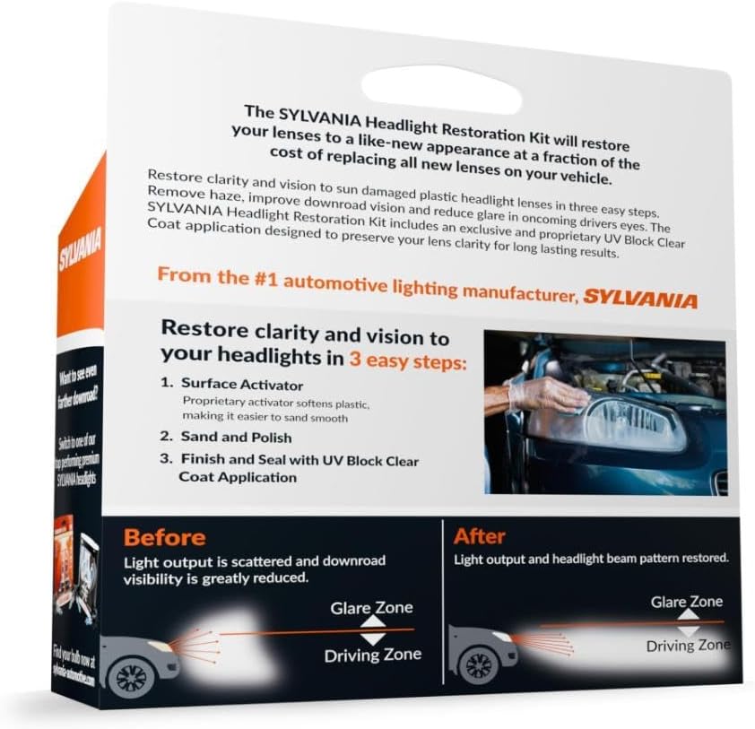 SYLVANIA Headlight Restoration Kit - Long-Lasting Headlight Repair Kit for Restoring to Like-New Condition - Surface Activator, Exclusive UV Coating, Clarifying Compound & More - No Tools Required