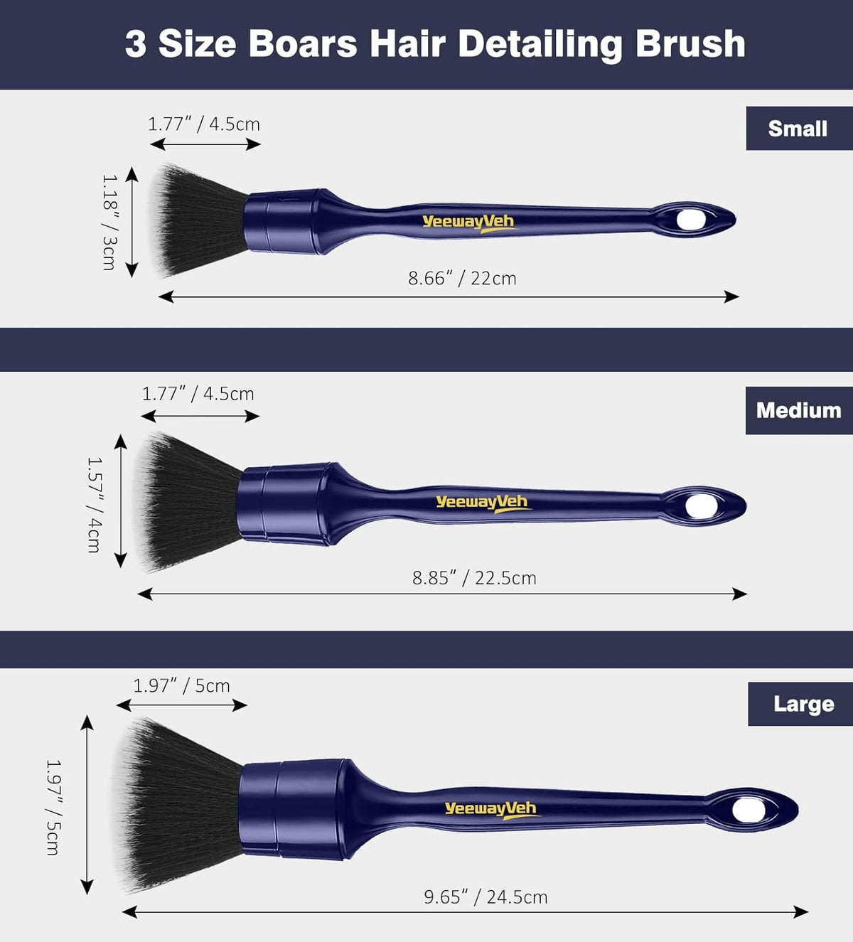 YeewayVeh Car Detailing Brush Set, 3 Pack Ultra Soft Boars Hair Detailing Brushes for Leather Seat Air Vents Engine Bay, Auto Detail Brushes Car Detailing for Interior Exterior, Indigo
