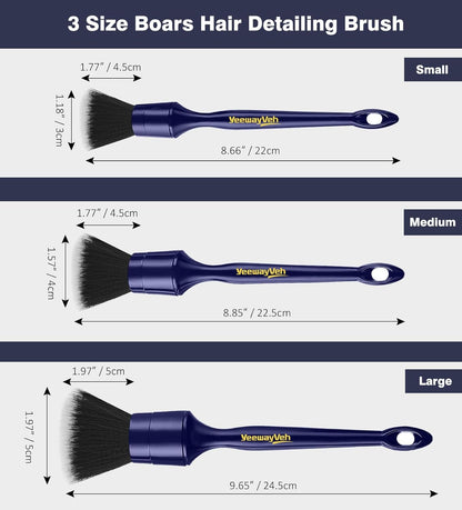 YeewayVeh Car Detailing Brush Set, 3 Pack Ultra Soft Boars Hair Detailing Brushes for Leather Seat Air Vents Engine Bay, Auto Detail Brushes Car Detailing for Interior Exterior, Indigo