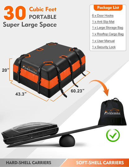 FIVKLEMNZ Car Rooftop Cargo Carrier Roof Bag Waterproof for All Top of Vehicle with/Without Rack Includes Topper Anti-Slip Mat + Reinforced Straps + 6 Door Hooks + Luggage Lock