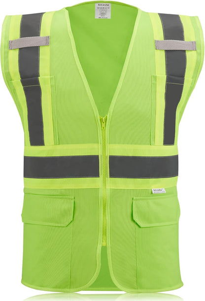 High Visibility Reflective Safety Vest with Zipper and Pockets Orange,M