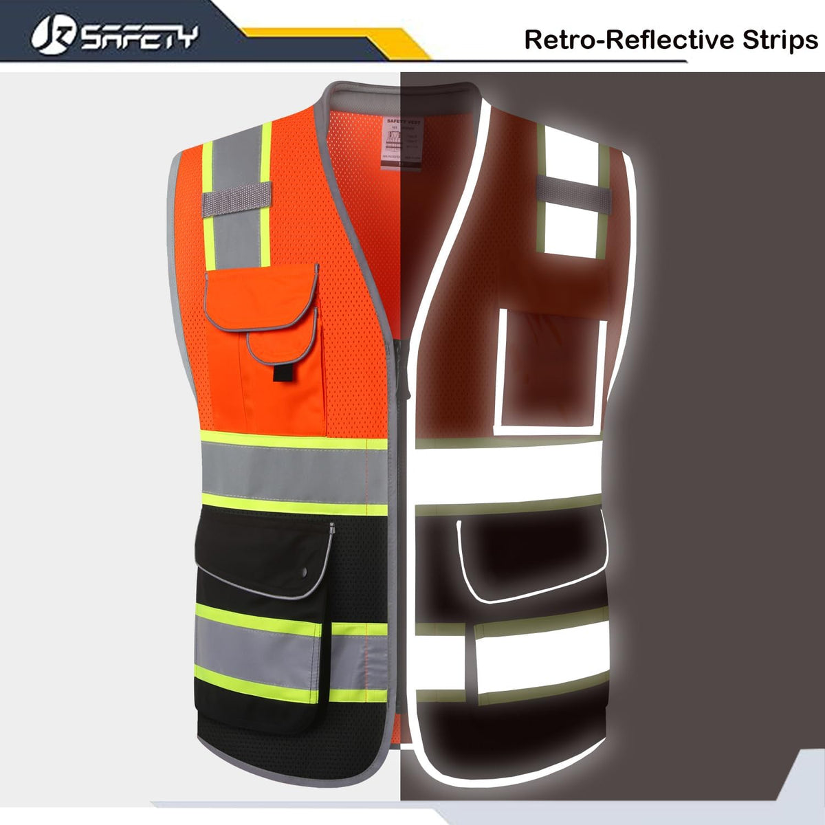 JKSafety 9 Pockets Class 2 High Visibility Zipper Front Safety Vest With Reflective Strips,Meets ANSI/ISEA Standard (Large, 150-Yellow) - Colors B