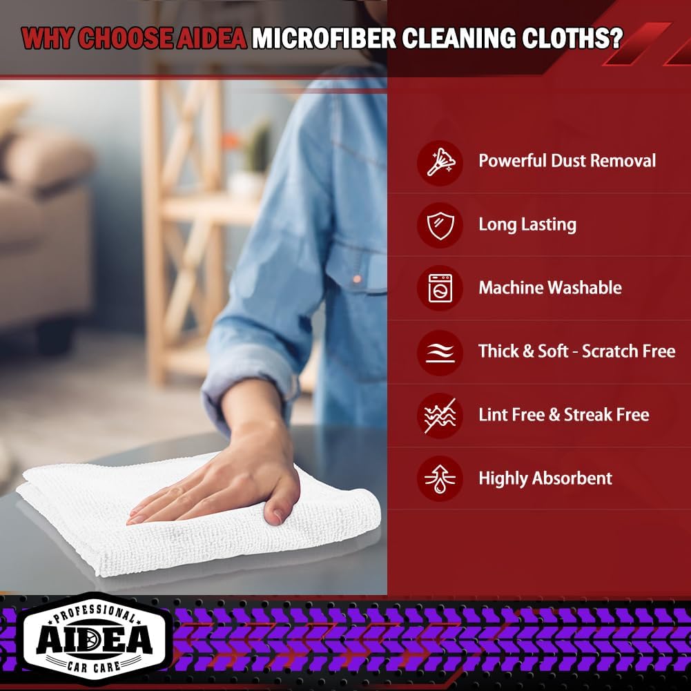AIDEA Microfiber Cleaning Cloth, 50PK, Microfiber Towels for Cars, Premium Wash Cloths, Dusting Cloth Cleaning Rags, Absorbent Towels for SUVs, House, Kitchen, Window, Cleaning Supplies12×12"