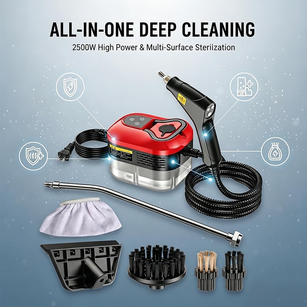 Portable Handheld Steam Cleaner: 2500W High Temperature Pressurized Steamer - Cleaning Machine with 6 levels Adjustable Steam for Multi-Surface, Kitchen, Bathroom, Furniture, Car, Windows (red)