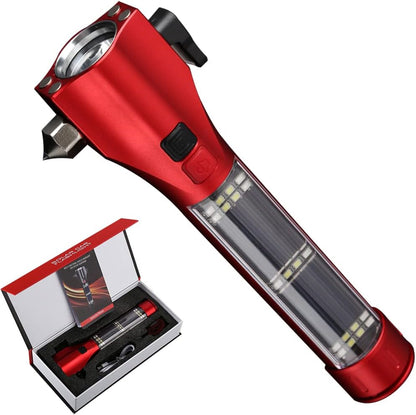 SINSEN Car Safety Hammer Flashlight, Tactical Emergency Rescue Tool, LED High Lumens Rechargeable Solar Powered Escape Kit, Window Glass Breaker and Seatbelt Cutter, Self Defense Multi-Function Torch