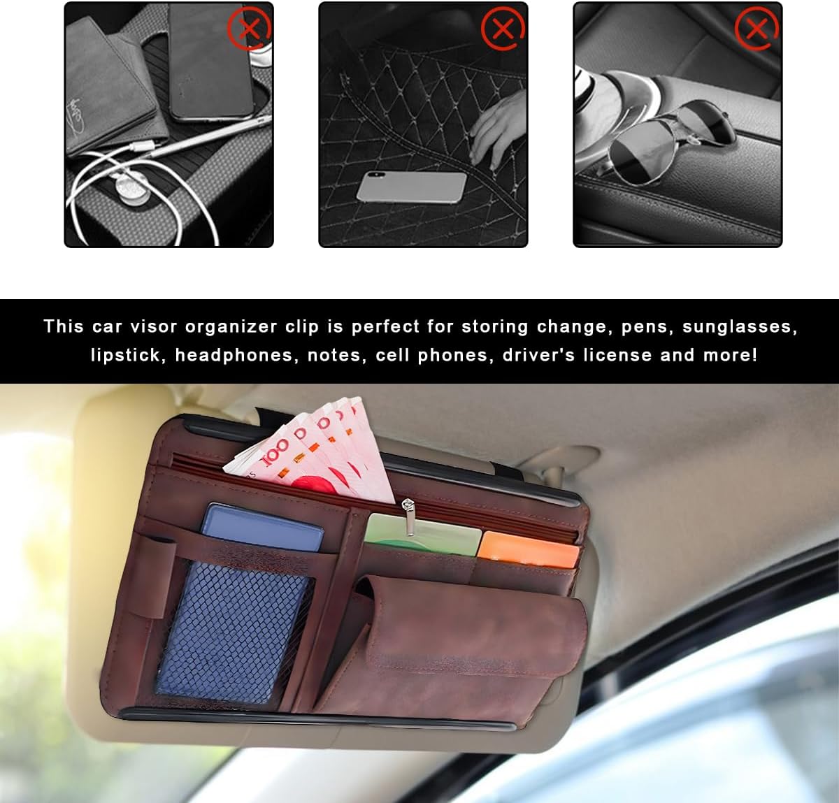 Car Sun Visor Organizer, Soft Leather Vehicle Sunshade Glasses Storage Bag with Net Zipper, Automotive Multi-Pocket Organizer for Drive License Card Glasses Document (Black)
