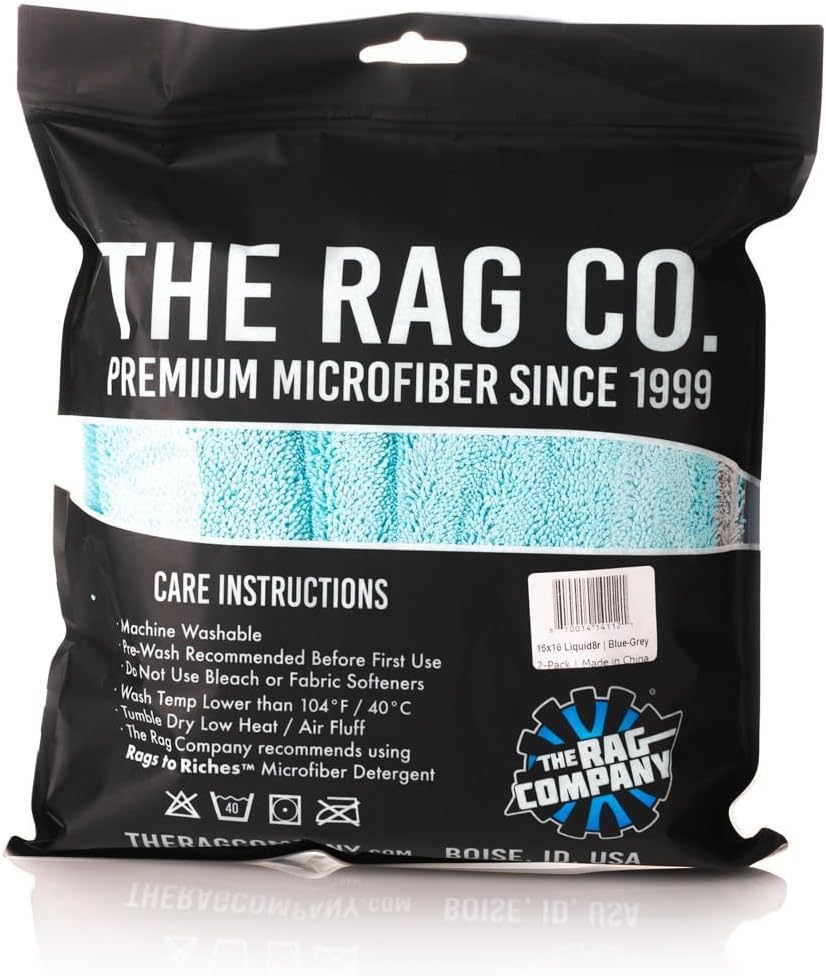 The Rag Company, The Liquid8r, Absorbent 70/30 Blend Microfiber Drying Towel for Cars, Trucks, and SUVs, Safe for Detailing, Scratch-Free, Twist Loop, 1100 GSM, 20x24 Inches, Aqua Blue/Grey