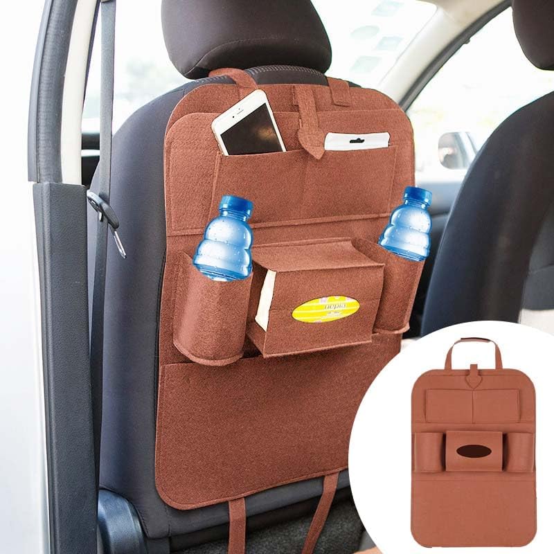 LAINLOY Felt Car Seat Back Organizer, Kick Mats Car Back Seat Protector for Kids, 6-Pocket Storage for Tissue, Box, Pen, Toy, Automobile Road Trip Accessories for SUV, RV, Truck (Black)