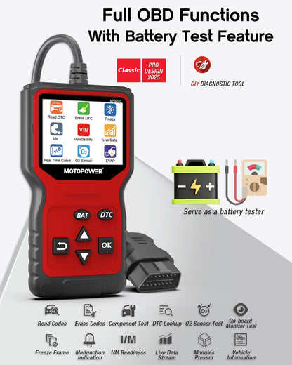 MOTOPOWER MP69033 Pro OBD2 Scanner Code Reader Check Engine Fault Light Diagnostic Scan Tool with Battery Tester