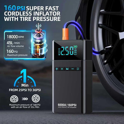 10-in-1 Portable Car Battery Jump Starter with Air Compressor, 6000A 160PSI Portable Car Jumper Starter (All Gas 12L Diesel), 12V Jump Box Car Battery Jump Starter with Jumper Cables, Lights