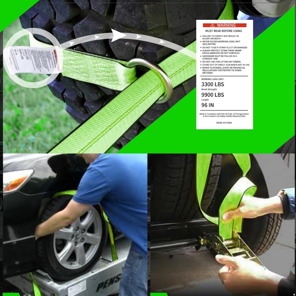 Heavy Duty Car Tie Down Straps (4PK) - 2" x 96" - 3,300 lbs Safe Working Load - Wheel Straps Comes with 5/16" Tow Hooks (Green)