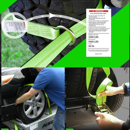 Heavy Duty Car Tie Down Straps (4PK) - 2" x 96" - 3,300 lbs Safe Working Load - Wheel Straps Comes with 5/16" Tow Hooks (Green)
