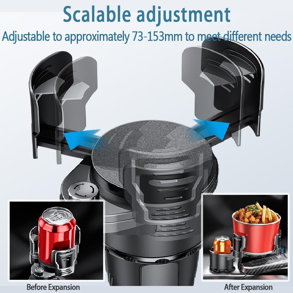 Upgrade Dual Cup Holder Expander, 2 in 1 Multifunction Cup Holder for Car with Lock, 360° Rotating Car Cup Drink Holder with Adjustable Base, Cupholder Expander for Large Water Bottles, Cups