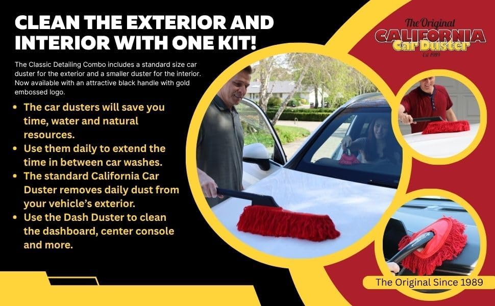 Classic California Car Duster Combo with Black Handles Original Wax-Treated Cotton Mop for Scratch-Free Dust Removal, Includes Mini Dash Duster & Storage Bag for Auto Detailing 86445 | Wax Treated Mop, Attractive Black Handles, Carryin Case