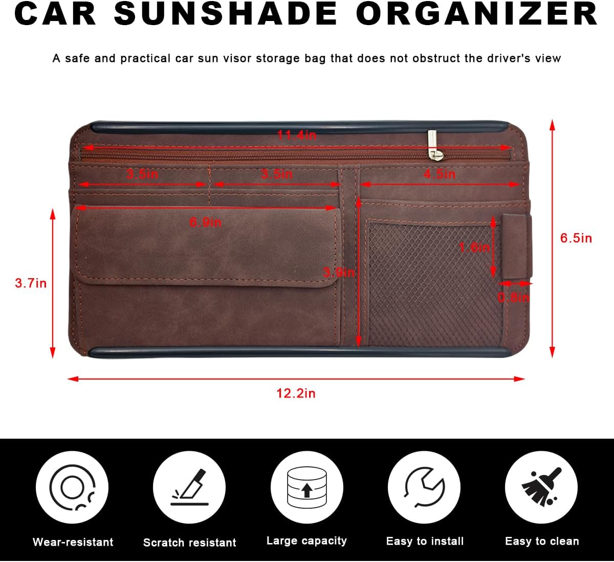 Car Sun Visor Organizer, Soft Leather Vehicle Sunshade Glasses Storage Bag with Net Zipper, Automotive Multi-Pocket Organizer for Drive License Card Glasses Document (Black)