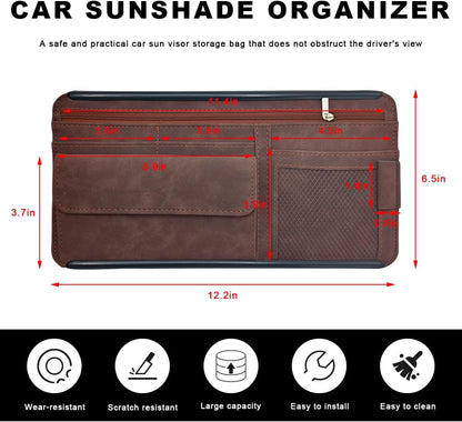 Car Sun Visor Organizer, Soft Leather Vehicle Sunshade Glasses Storage Bag with Net Zipper, Automotive Multi-Pocket Organizer for Drive License Card Glasses Document (Black)