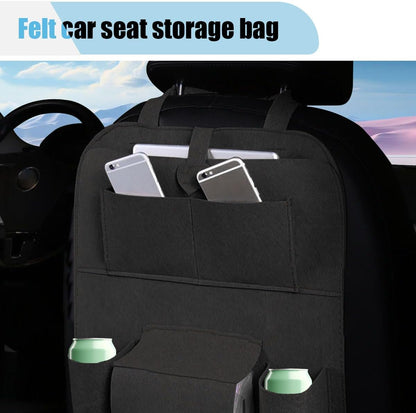 LAINLOY Felt Car Seat Back Organizer, Kick Mats Car Back Seat Protector for Kids, 6-Pocket Storage for Tissue, Box, Pen, Toy, Automobile Road Trip Accessories for SUV, RV, Truck (Black)